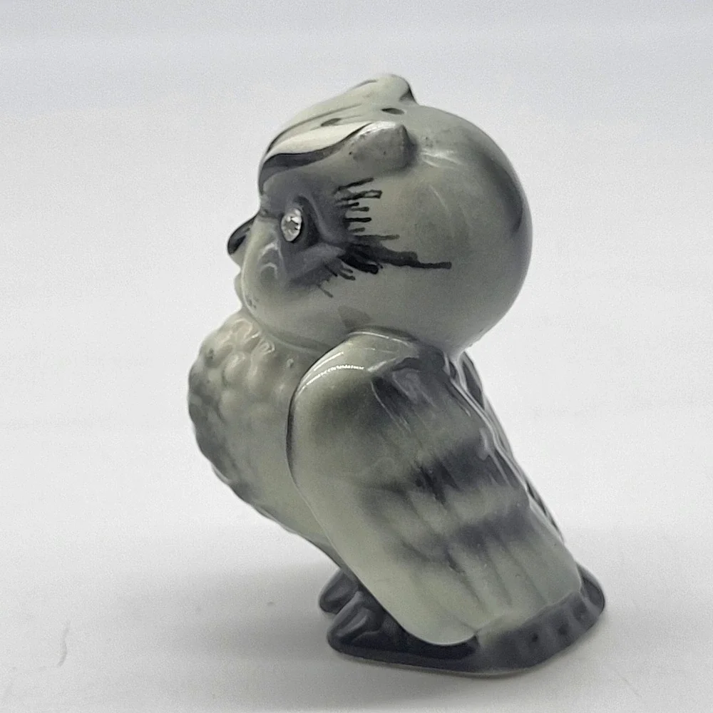 Vintage Enesco Japan MCM Owl Salt Pepper Shakers Gray Black Rhinestone Eyes